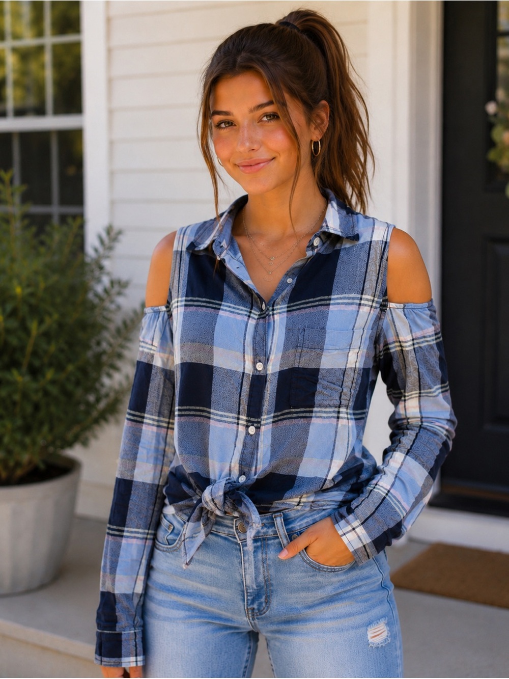 Women’s Blue Plaid Cold Shoulder Button Down Top (Size Small)